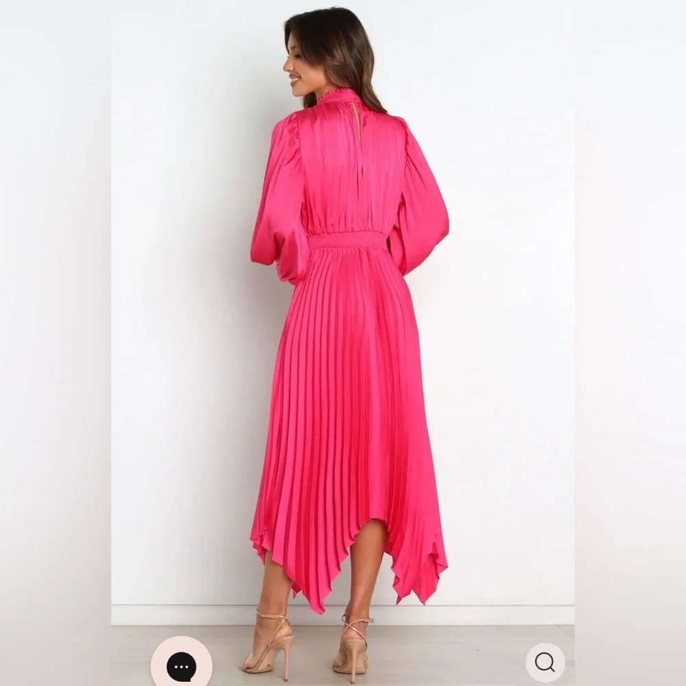 Petal & Pup Pleated Long Sleeve Midi Semi Formal Pink Satin Cocktail Dress US 8 - Picture 6 of 12